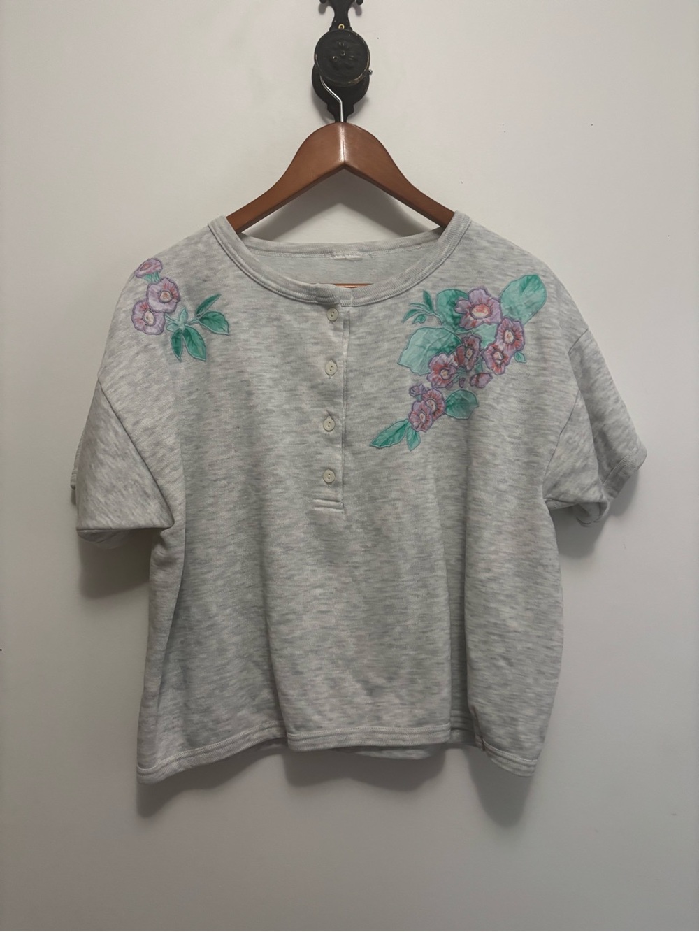 Gray Floral Embroidered Henley I Top - Women
